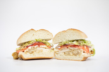 Closeup of a delicious sandwich cut into two pieces isolated on white background.