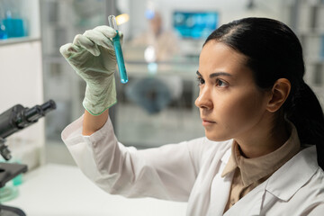 Aufkleber - Young serious female lab worker in whitecoat and protective gloves loooking at flask with blue liquid while studying new substance