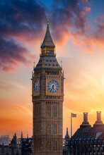 The Elizabeth Tower Or So Called Big Ben Clocktower At Westminster Palace During Sunset Time, London, England