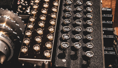 Closeup of The plug board and keyboard from a World War 2 German Enigma machine