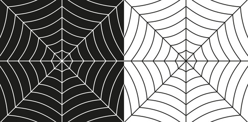 Spider web background. Cobweb isolated on white and black background. Spooky black and white spider icon. Cartoon pattern of net. Logo of web. Vector illustration