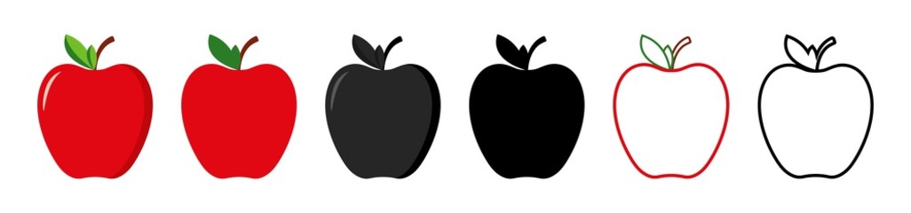 Poster - Apple icon. Apple with leaf. Red and black outline fruit icon. Healthy food. Silhouettes isolated on white background. Flat simple logos. Vector