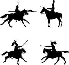 Riders Set. Napoleonic Wars. Black Vector  Silhouettes Of Soldiers With Weapons