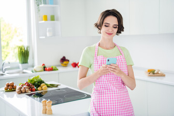 Sticker - Photo of attractive positive person use telephone chatting typing read recipe app morning kitchen indoors