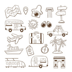 Travel and vacation clipart collection. Cute doodle elements isolated on white background. Vector illustration.