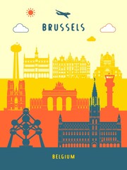 Wall Mural - Brussels monument buildings poster vector illustration.