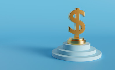 Dollar 3d render golden symbol design. Gold money sign on top of stairway. Isolated on blue background.