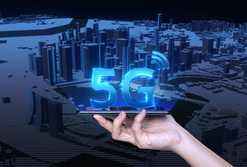 Poster - Hand holding smart phone  Singapore city with a 5G 3D icon on the background of communication network concept. The concept of 5G network technology, high-speed internet.