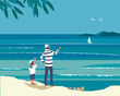 Dad, Son watching sea life scenic view. Happy Fathers day concept. Father, kid boy travel together vector. Family active leisure on sea beach cartoon illustration. Seaside coast landscape background