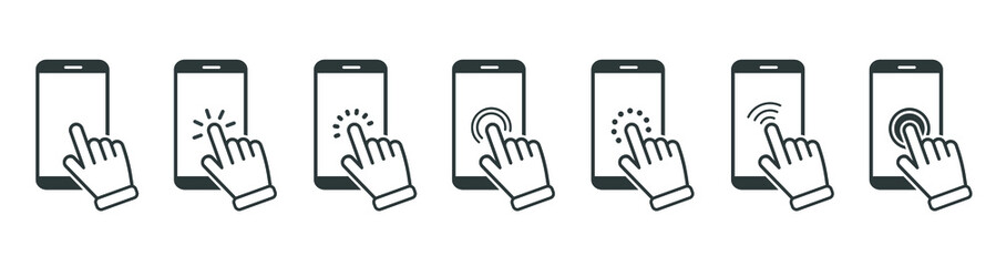 Leinwandbilder - Click here the button with the hand and arrow icon. set of linear icons for websites. flat vector illustration isolated on white background
