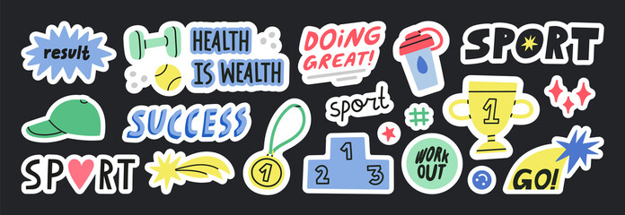 Big set with motivational spot stickers. Cute details for your design, phrases and quotes about training, motivation, self support and development. Perfect for social media, web, typographic design.