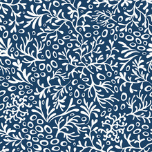 Coral Reefs Seamless Pattern. Underwater Plant White On Navy Blue Background. Monochrome Vector Vector Illustration