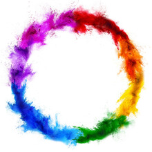Colorful Rainbow Holi Paint Color Powder Explosion Ring Circle With Copy Space Isolated On White Background. Peace Rgb Beautiful Party Concept