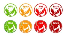 Spicy level labels with fire flames, chilli peppers and rating stars. Hot mexican food or sauce spicy taste rating vector stickers, cayenne pepper capsaicin levels mind, spicy and extra round signs