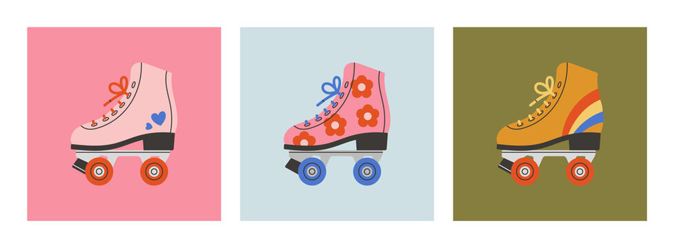 Set of posters with roller skates. Shoes with cute prints of rainbow, hearts and flowers. Sport and disco. Retro fashion style from 80s. Vector illustrations in trendy colors. Hand drawn style. 