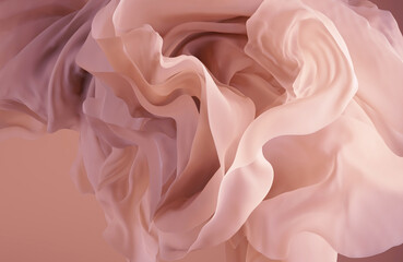 Wall Mural - 3d render, abstract background with delicate pink waving veil, floating drapery, crumpled silky textile, cloth macro, wavy fashion wallpaper