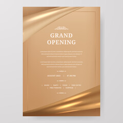 Luxury elegant grand opening poster template with frame golden shiny satin fabric element with golden background