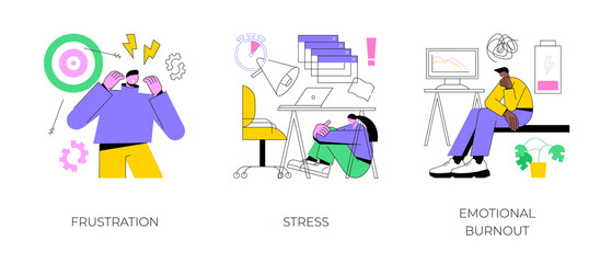 Poster - Mental disorder abstract concept vector illustration set. Frustration and stress, emotional burnout, anger control, overworking, psychological help, depression diagnosis abstract metaphor.