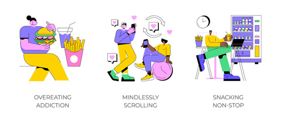Fototapete - addictive habits abstract concept vector illustration set. overeating, mindlessly scrolling, snackin