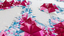 Vibrant High Tech Surface With Tetrahedrons. White, Blue And Pink Abstract 3d Banner.