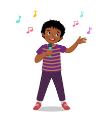 Poster - cute little African boy singing a song with microphone