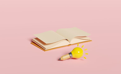 yellow light bulb with pencil, open book isolated on pink background. idea tip education, knowledge creates ideas concept, minimal abstract, 3d illustration, 3d render