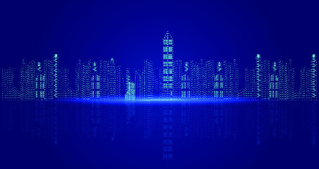 Wall Mural - Virtual particle digital city skyline on dark blue background