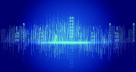 Poster - virtual particle digital city skyline on dark blue background