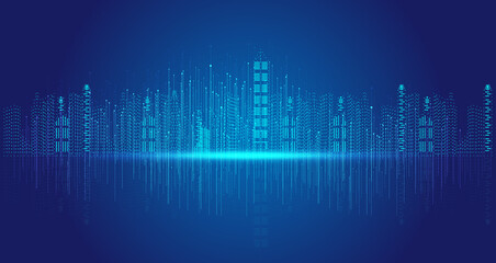 Leinwandbilder - Virtual particle digital city skyline on dark blue background