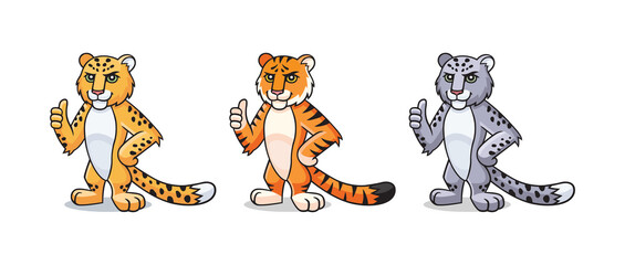 Tiger, leopard, snow leopard character is showing thumb up, appreciate. Vector cartoon comic doodle illustration, mascot, character, icon, logo. Panteras set