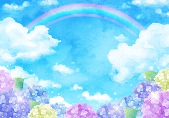 Wall Mural - 青空と虹とアジサイの梅雨のベクターイラスト背景(水彩,art,holiday,background,vector,sky,summer,watercolor,Hydrangea,Rainbow,rain,rainy season)