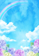 Naklejka na meble 青空と虹とアジサイの梅雨のベクターイラスト背景(水彩,art,holiday,background,vector,sky,summer,watercolor,Hydrangea,Rainbow,rain,rainy season)