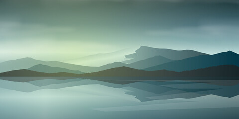 Wall Mural - mountain and lake landscape vector illustration with sunrise and sunset 