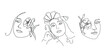 Women's faces in one line art style with flowers .Continuous line art in elegant style for prints, tattoos, posters, textile, cards etc. Beautiful women face Vector illustration.