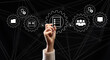 © Nistrat - Control and management of business processes in the enterprise for efficient operation and increased profits. Concept with manager's hand and gears on holographic screen