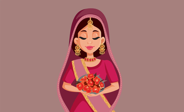 Indian Bride Wearing Traditional Clothing Vector Cartoon Illustration