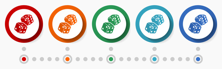 Leinwandbilder - Two dices, casino concept vector icon set, flat design colorful buttons, infographic template in 5 color options