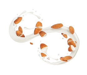 Wall Mural - Crushed almonds with a splash of milk, isolated on a white background