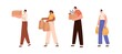 © Good Studio - People carrying charity boxes and donation bags, delivery packages with groceries, goods, toys. Men and women couriers, volunteers going. Flat vector illustrations isolated on white background