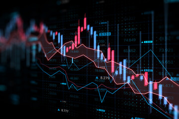Poster - Abstract downward forex chart on dark backdrop. Crisis and collapse concept. 3D Rendering.