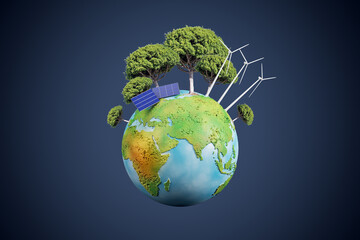 Poster - Creative globe with trees and solar panels on dark blue background. Energy and sustainable concept. 3D Rendering.