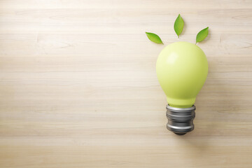 Poster - Abstract green lamp on wooden background with mock up place. Energy and save concept. 3D Rendering.