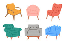 Cartoon Chairs. Colorful Comfortable Armchairs, Stylish Modern Furniture For Home Interior And Lounge Halls