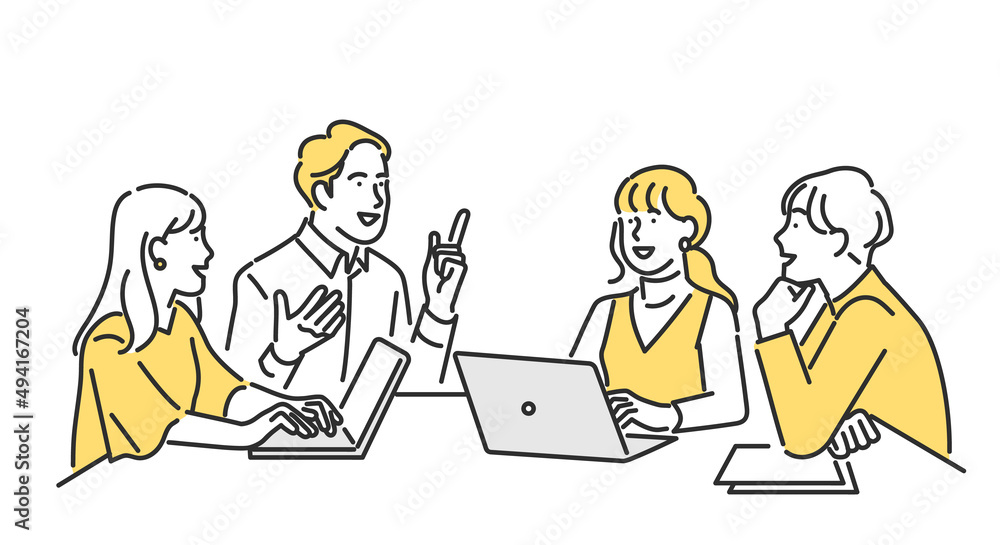 ブレーンストーミング チームで打ち合わせをしている大学生のイメージイラスト素材 Boardroom Wall Mural Boardro Emma