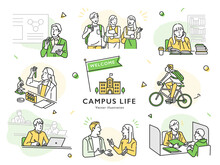 学生生活をおくる大学生の様々なキャンパスライフのイメージセットイラスト素材