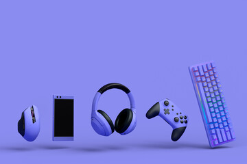 Poster - flying gamer gears like mouse, keyboard, joystick, headset, vr