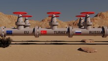 The Gas Pipeline With Flags Of Russia, Turkey And EU. 3d Rendering