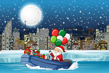 Canvas Print - Snowy night with cute elf delivering gifts by speedboat