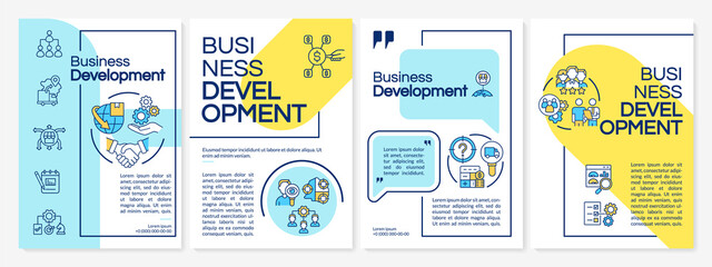Business development blue and yellow brochure template. Corporate trends. Leaflet design with linear icons. 4 vector layouts for presentation, annual reports. Questrial, Lato-Regular fonts used