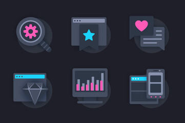 Aufkleber - Seo optimization web concept of 3d paper icons set. Pack flat pictograms of search and settings of pages, promotion of sites in top, analysis of statistics. Vector elements for website in dark style